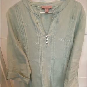 Saint Tropez West 100% linen tunic top. Size L. Light blue/green.